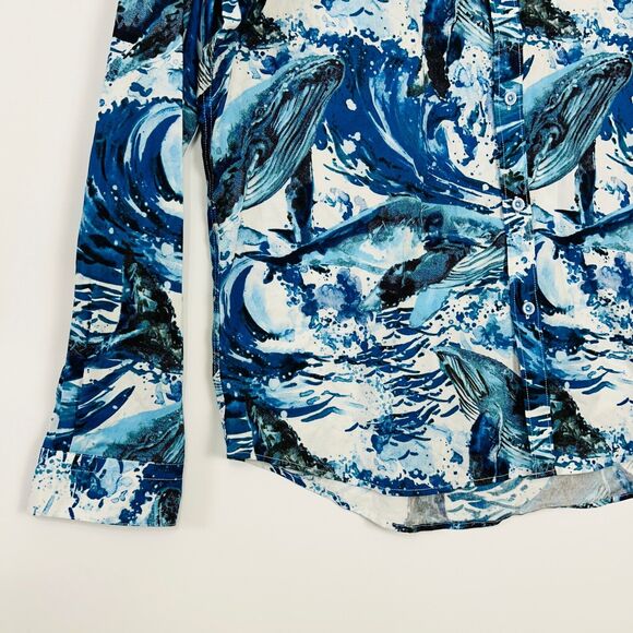 Mens Graphic Button Up Shirt Size XXL Blues Ocean Waves Slim Fit Paisley &‎ Gray - Picture 5 of 16
